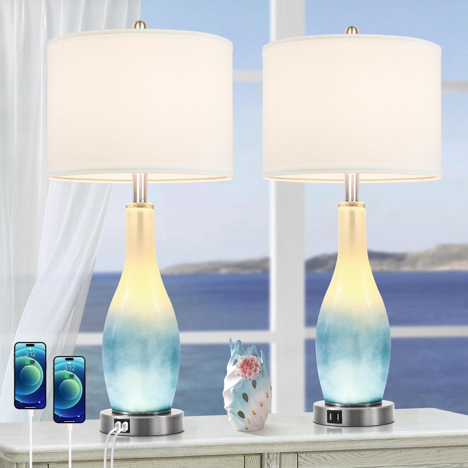 Set of 2 Beslowe 26-Inch Tall Glass Table Lamps Featuring 2 USB Charging Ports And an LED Nightlight, Ideal for Coastal-Themed Living Room End Tables, Modern Beach-Style Lamps for Bedroom Nightstands, in Blue