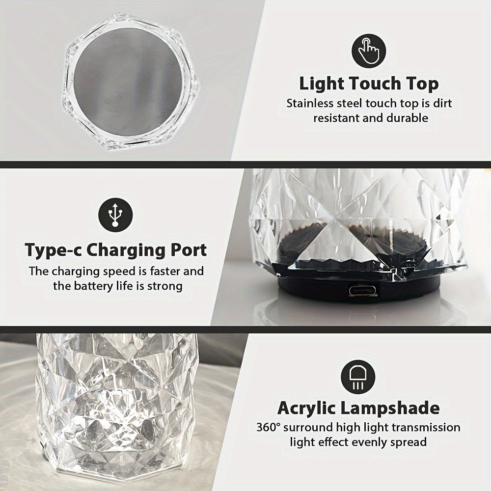 2Pack Crystal Table Lamp, 3 Color Changing Rose Diamond Night Light, LED USB Nightstand Lamp With Touch Control For Living Room Bedroom, Party Dinner Decorative Acrylic Rays Light
