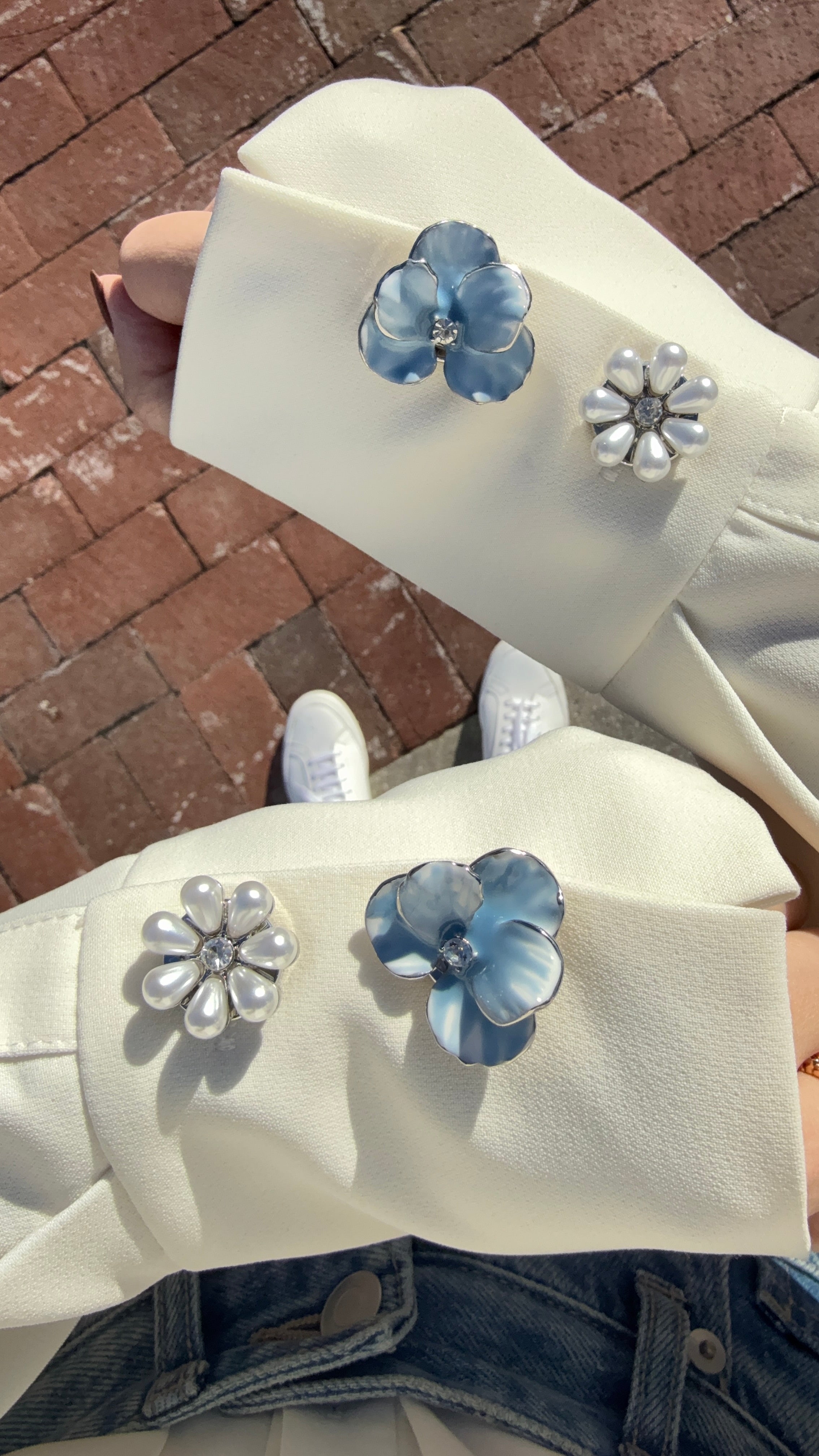 The Morning Mist Button Cover Set – Silver Enamel Bloom with Dewdrop Zirconia