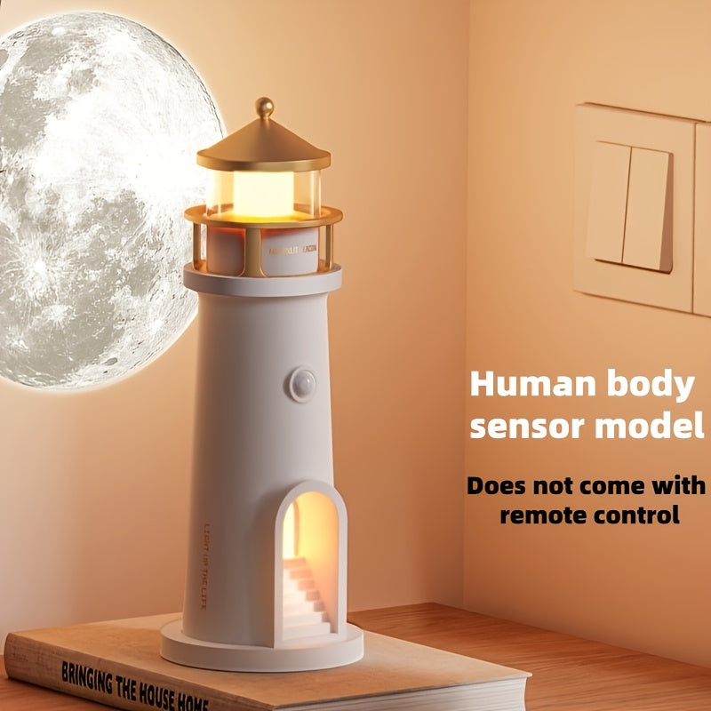 1pc Night Light Resembling A Lighthouse, Projecting A Clear Image Of The Moon. It Features A Sensitive Human-sensor Switch And An Always-on Function That Can Be Set. Making It A Perfect Decorative Item And Gift. USB. Easter Day