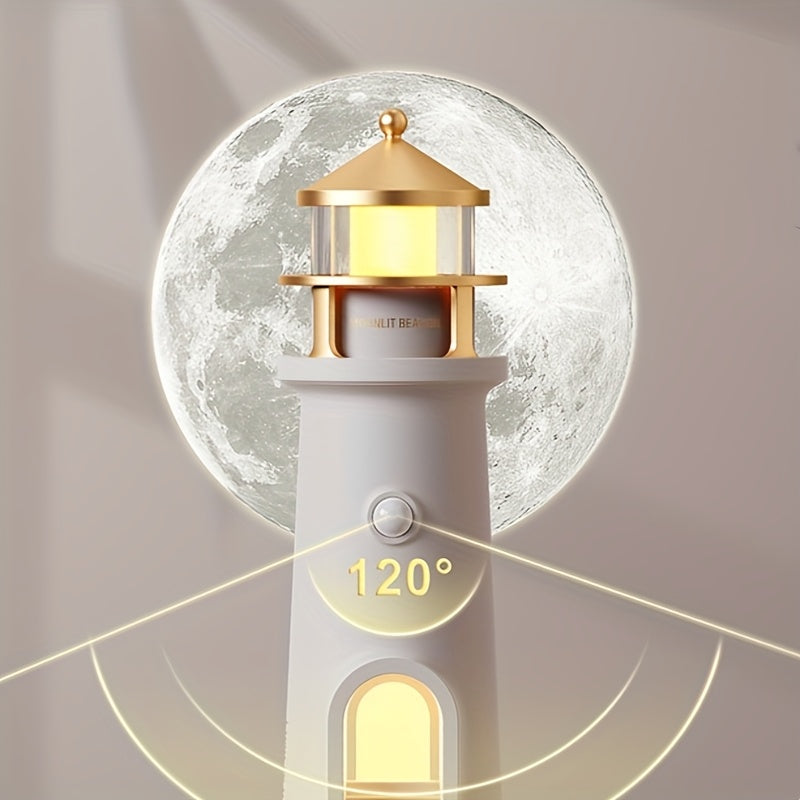 1pc Night Light Resembling A Lighthouse, Projecting A Clear Image Of The Moon. It Features A Sensitive Human-sensor Switch And An Always-on Function That Can Be Set. Making It A Perfect Decorative Item And Gift. USB. Easter Day