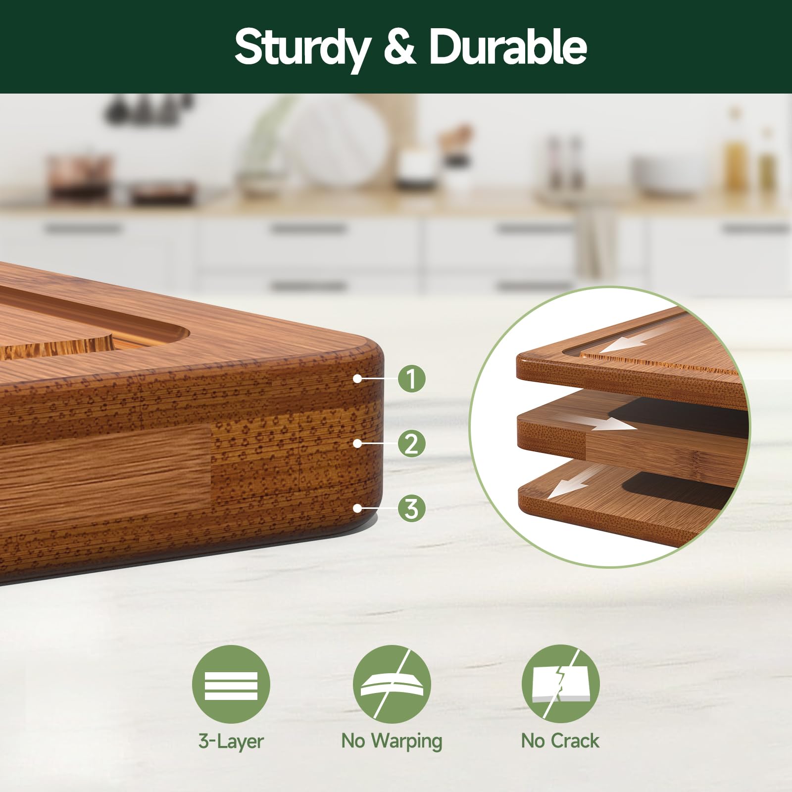 3 Piece Bamboo Cutting Board Set for Kitchen