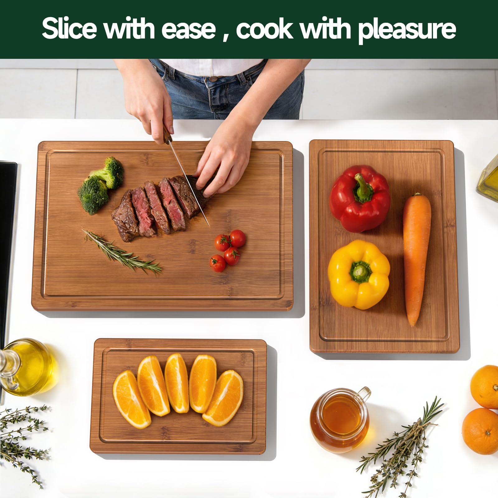 3 Piece Bamboo Cutting Board Set for Kitchen